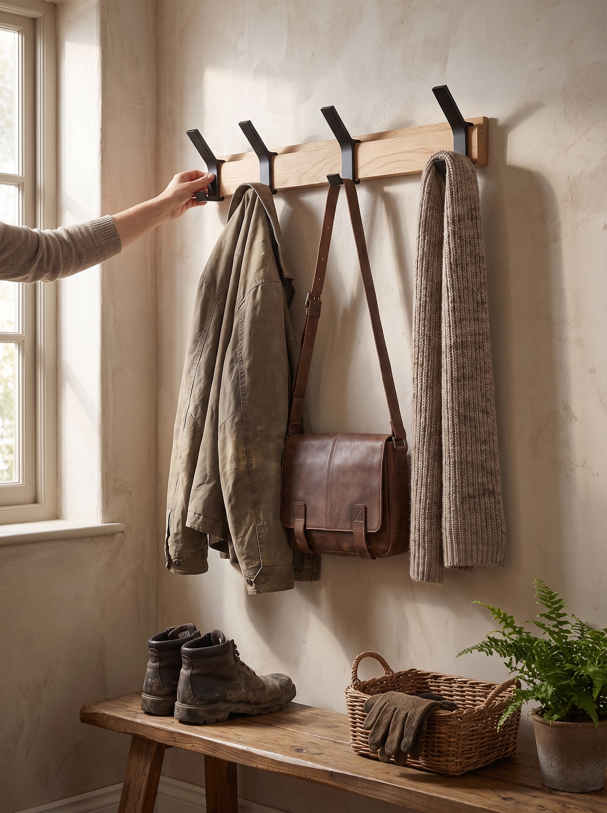 Nordic Wall Mounted Coat Rack with hooks slid along the rail
