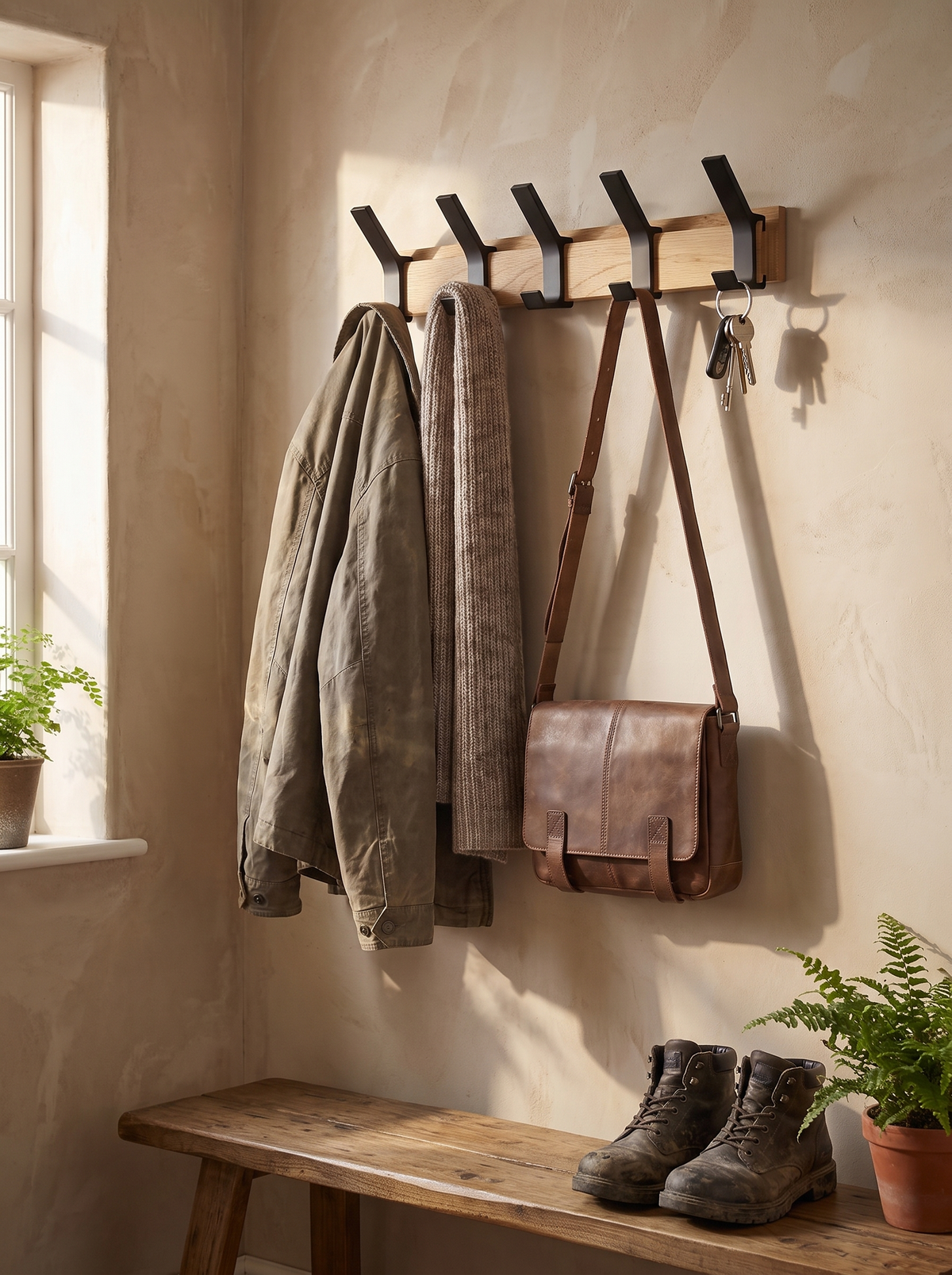 Nordic Wall Mounted Coat Rack loaded with coats in a hallway