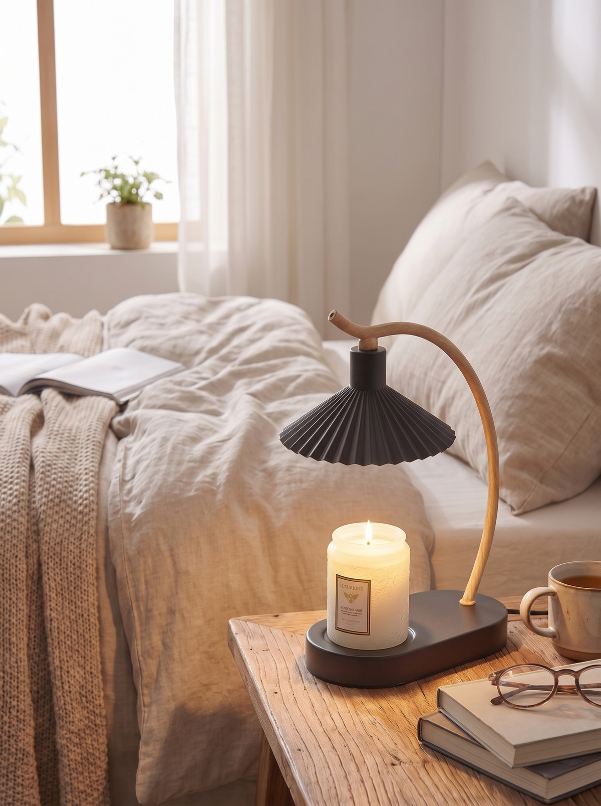 Vanessa Candle Warmer Lamp pleated shade with wooden detail