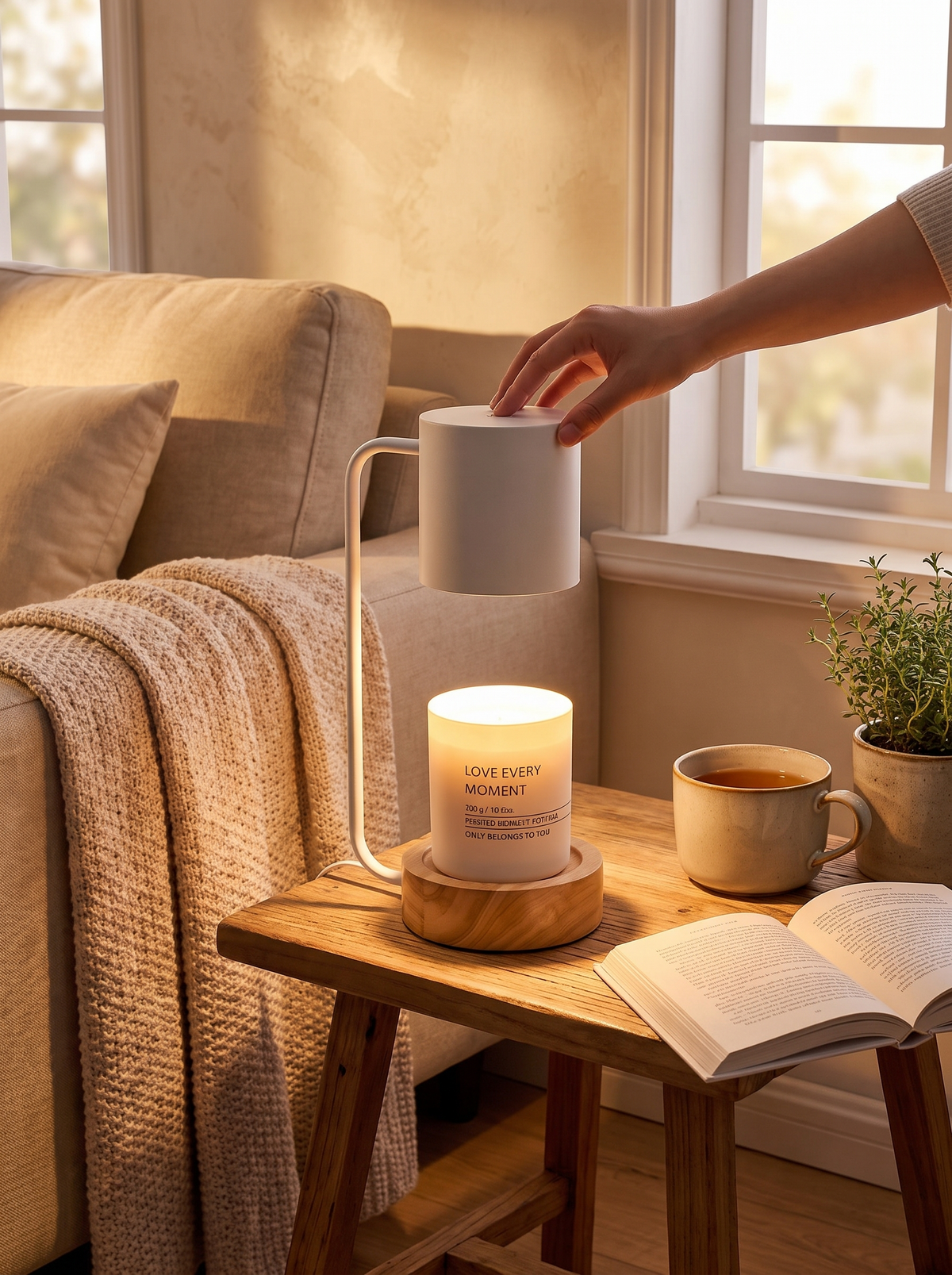 Japanese Minimalist Candle Warmer Lamp on a solid wood base