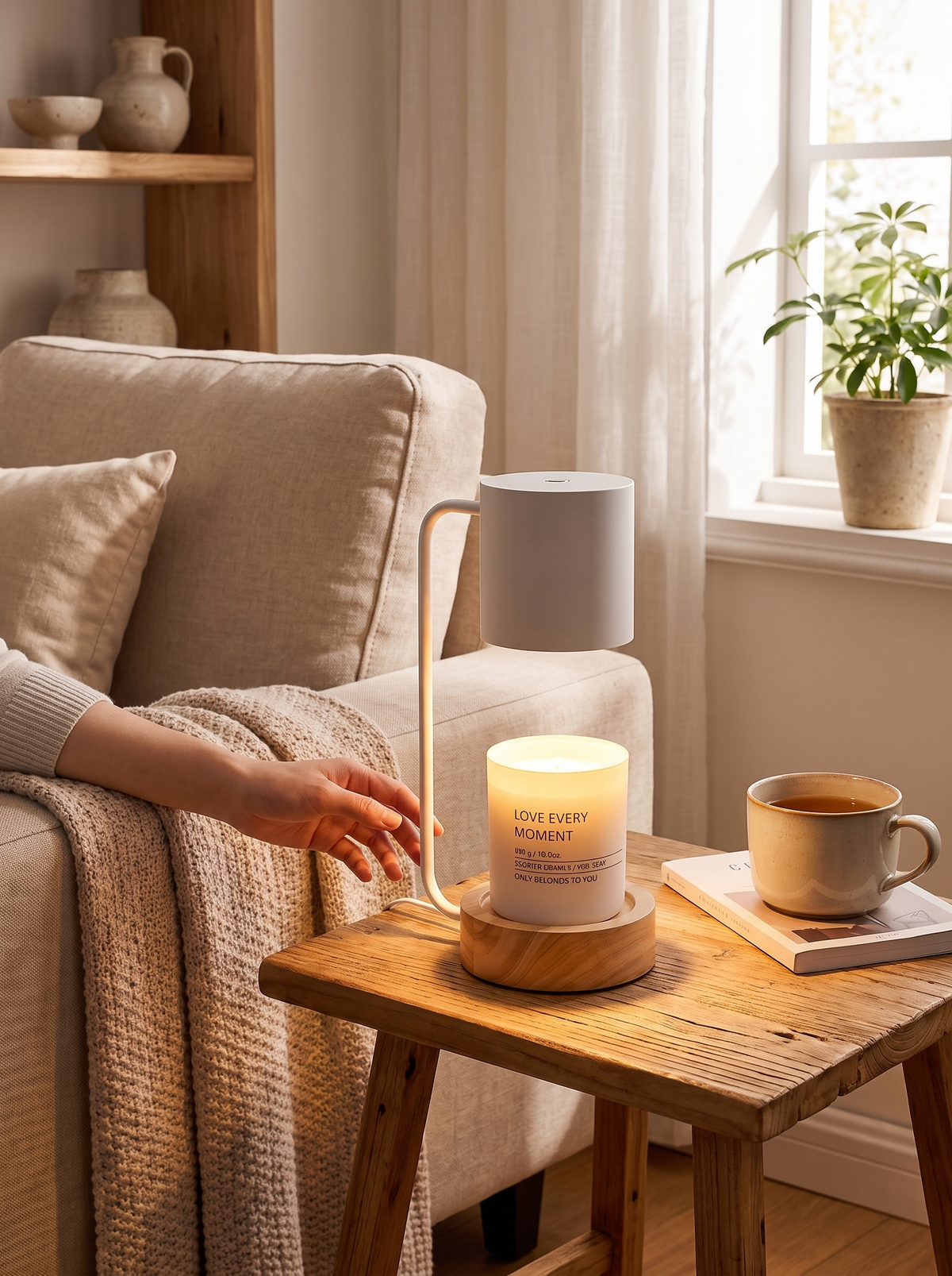 Japanese Minimalist Candle Warmer Lamp slim column on a side table