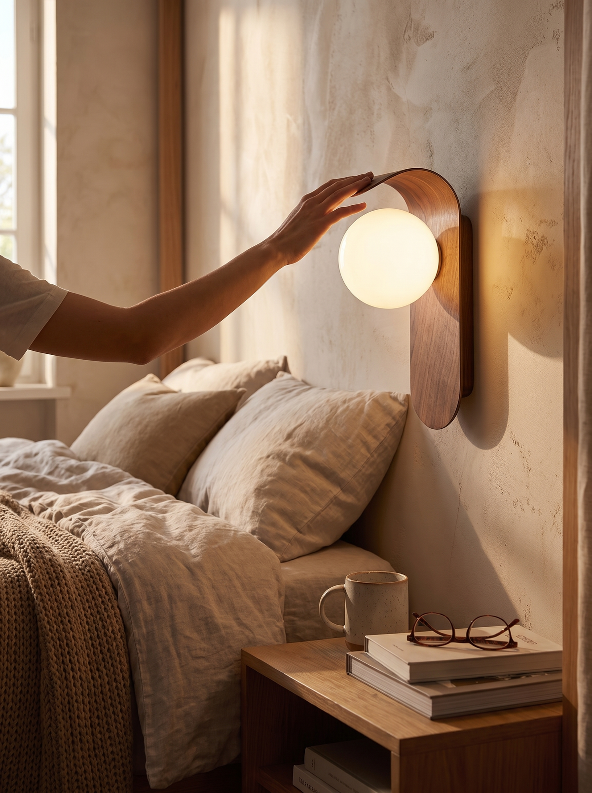 Icar Scandinavian LED Wall Lamp curved wooden arm on a wall
