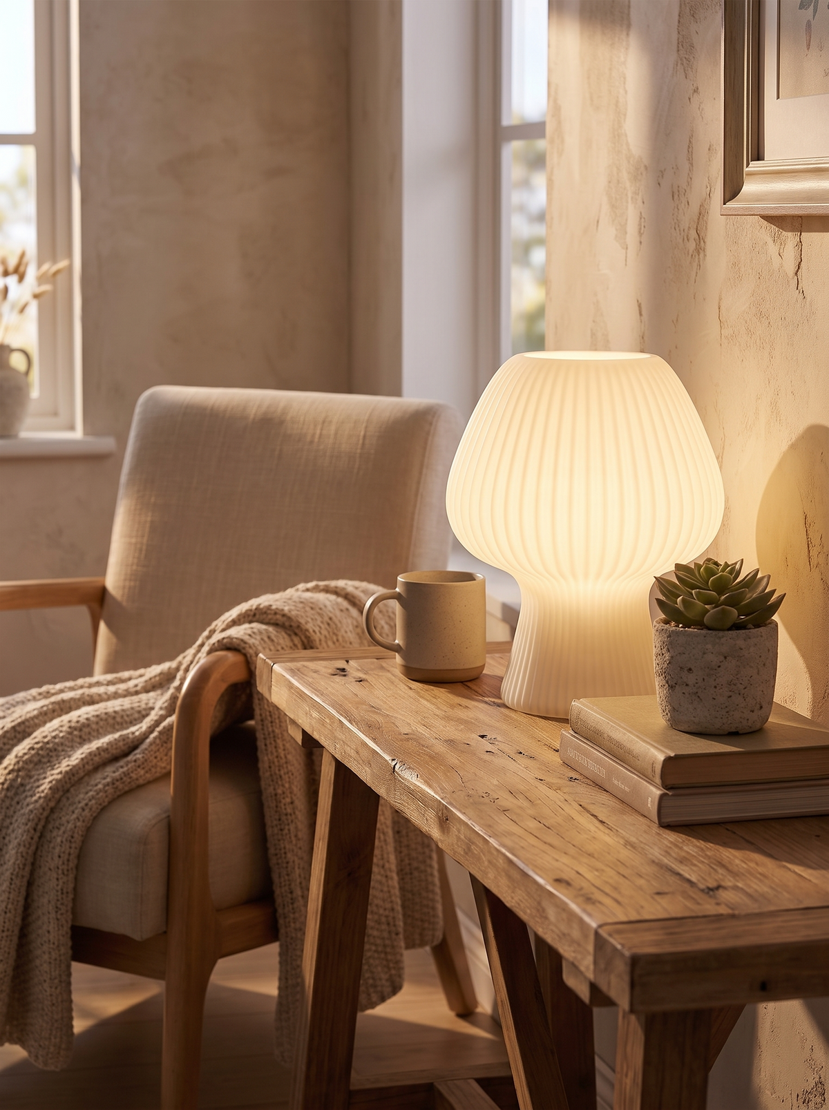 Vintage Ribbed Glass Mushroom Lamp banding the light through ribs