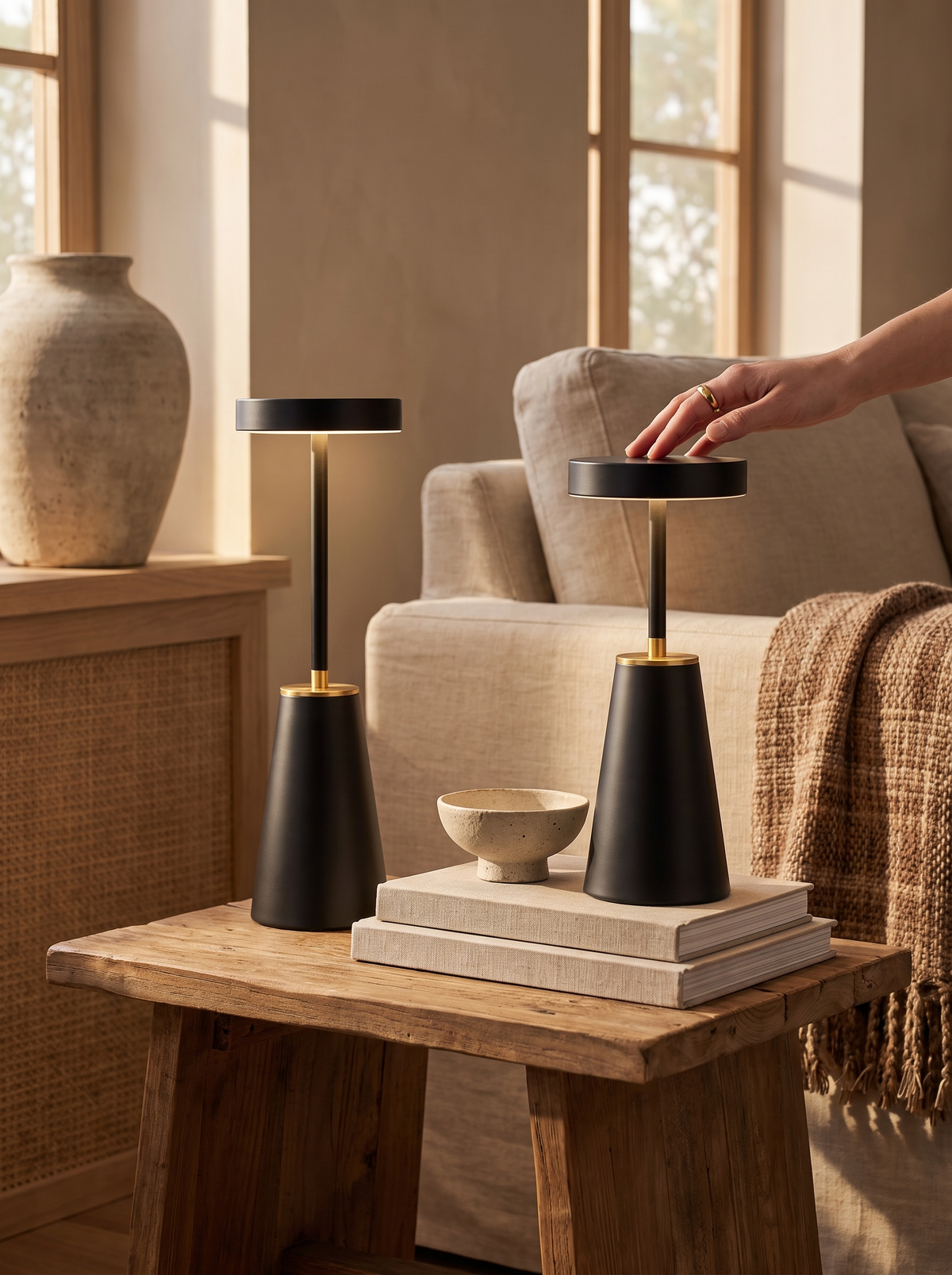 Sleek Wireless Rechargeable Lamp with gold accents on a matte body