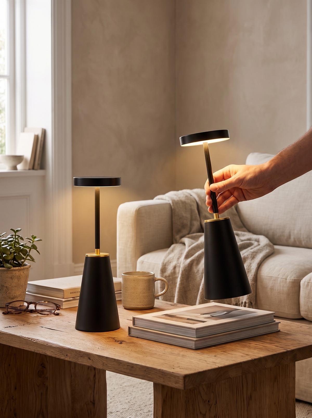 Sleek Wireless Rechargeable Lamp being carried to another room