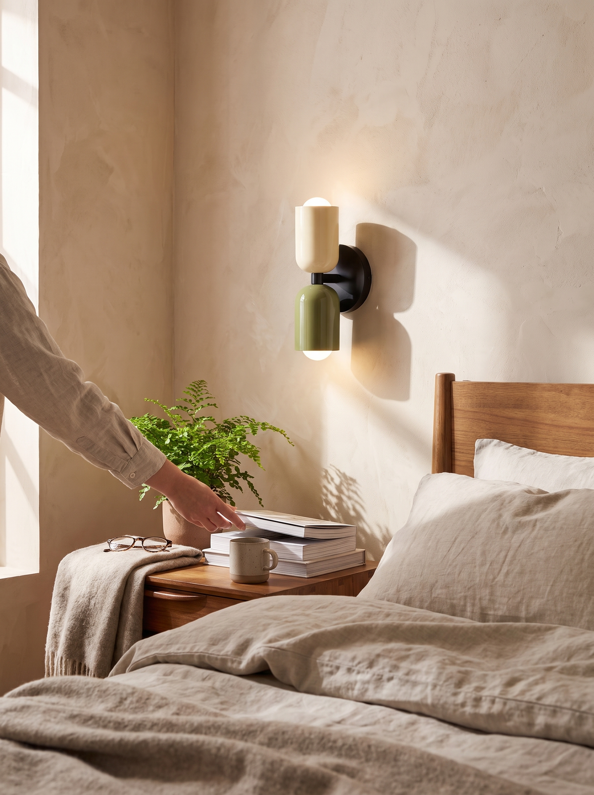 Macaron Colourful Bedside Wall Lamp fitted at pillow height