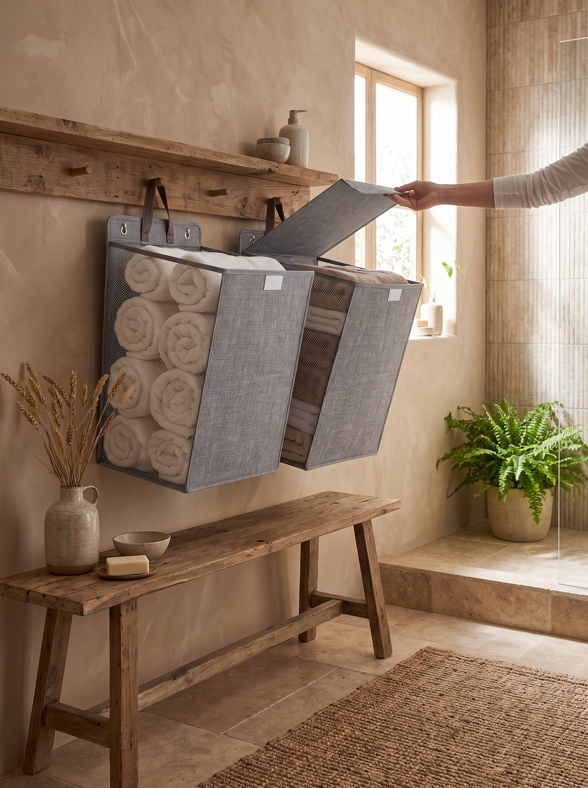 Linen laundry hamper hung on a bathroom wall clear of the floor