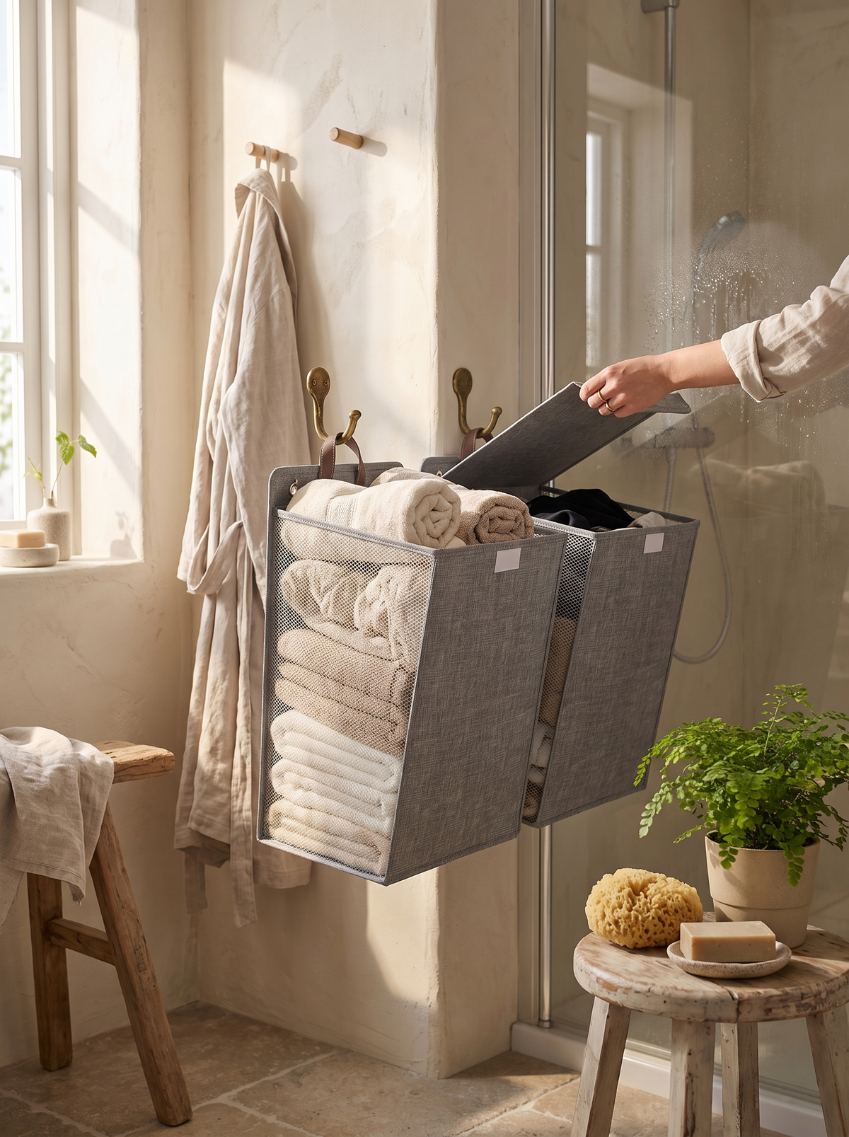 Breathable linen hamper letting damp towels dry against a wall