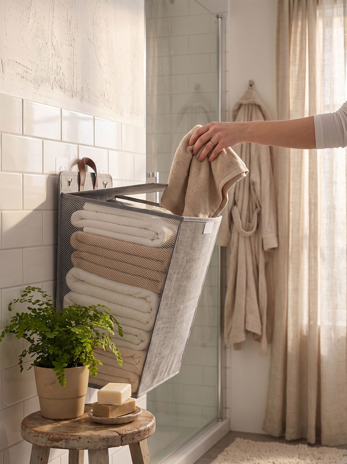 Wall hamper held by adhesive hooks with no holes drilled