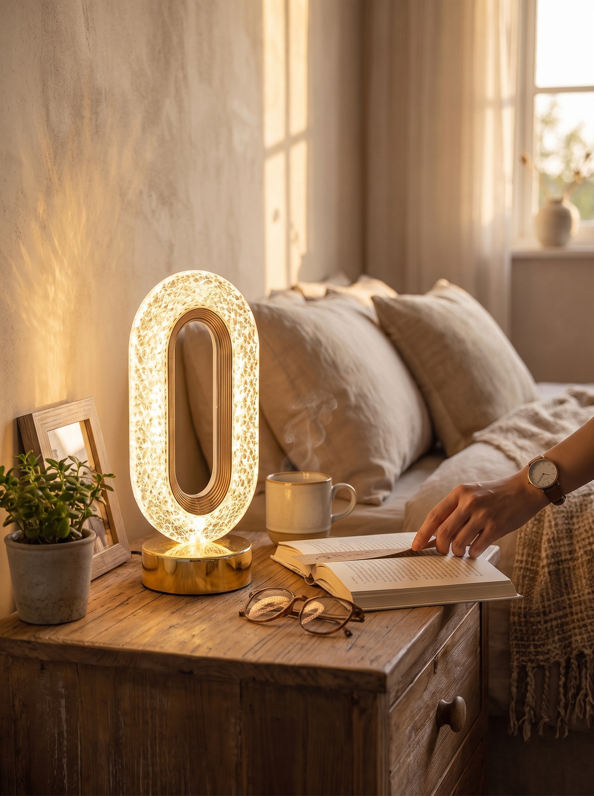 Crystal night light on a shelf showing its sculpted form