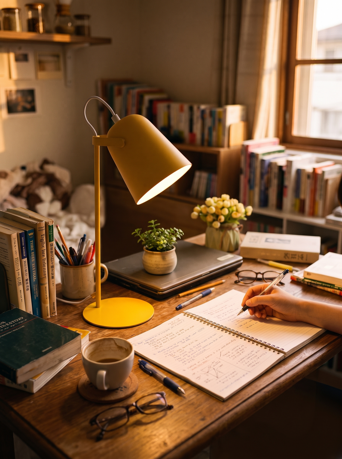 Desk lamp casting light onto an open book