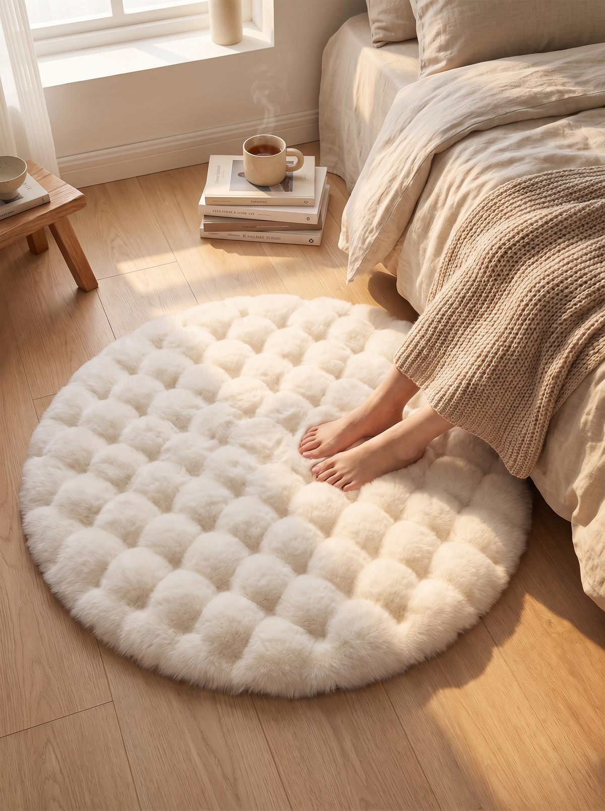 Round bubble rug placed beside a bed