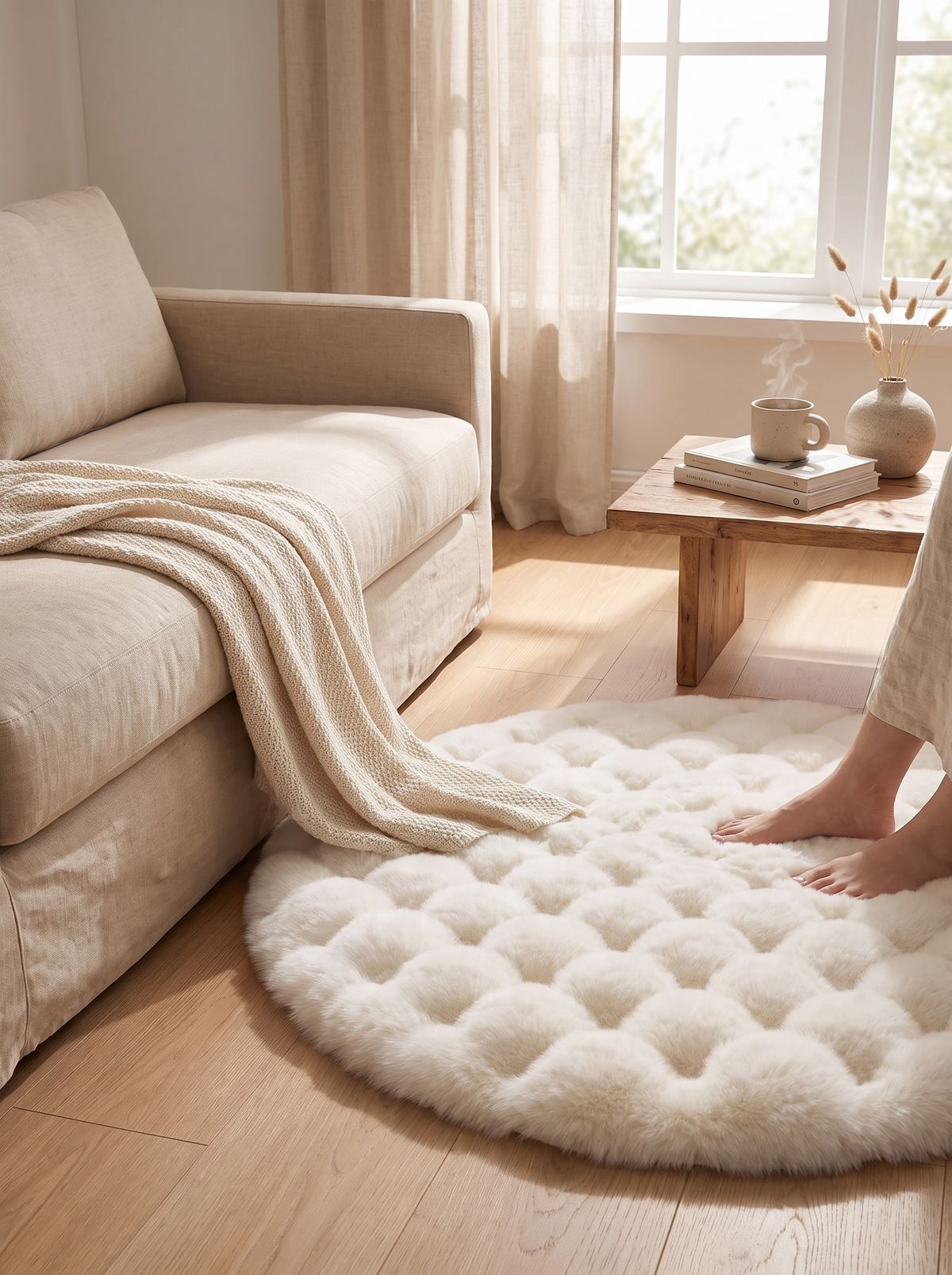 Bubble rug in a muted colourway on a wooden floor