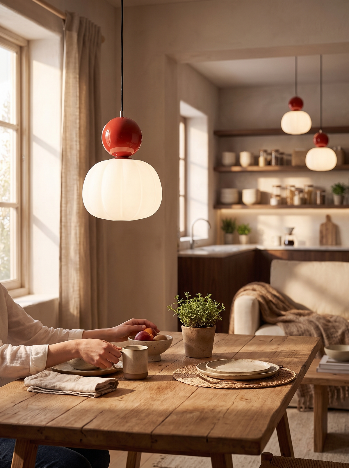 Three head pendant bar lighting a dining table evenly