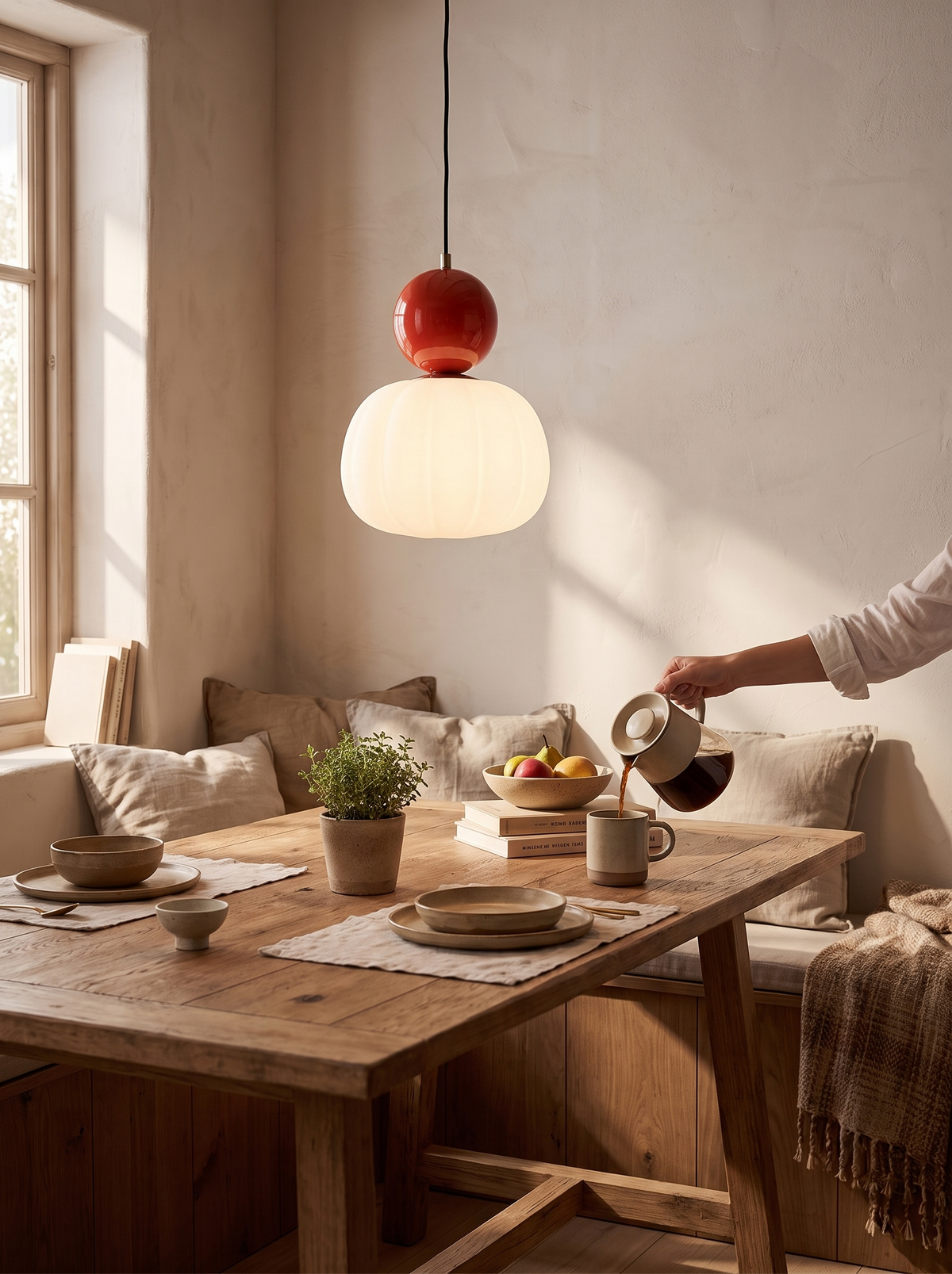 Pendant hung at the right drop above a kitchen worktop