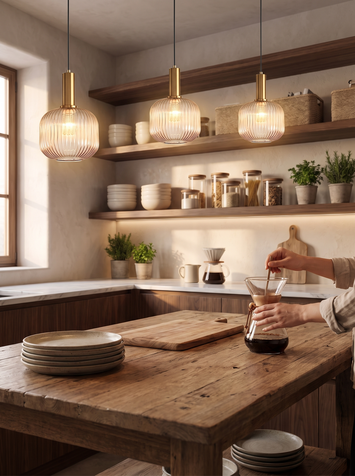 Ribbed glass pendant breaking light into fine vertical bands