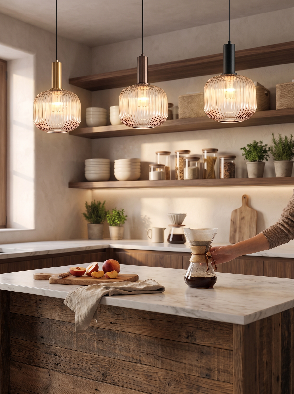 Amber ribbed glass shade warming a brass fitted kitchen