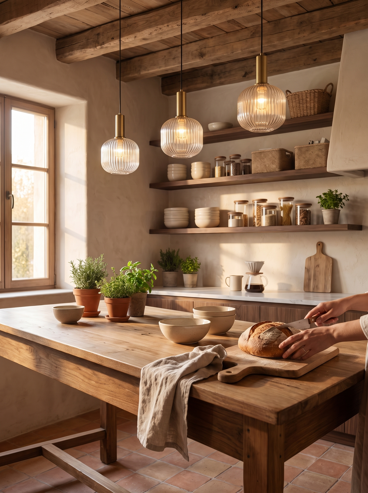 Row of ribbed glass and brass pendants over a kitchen island