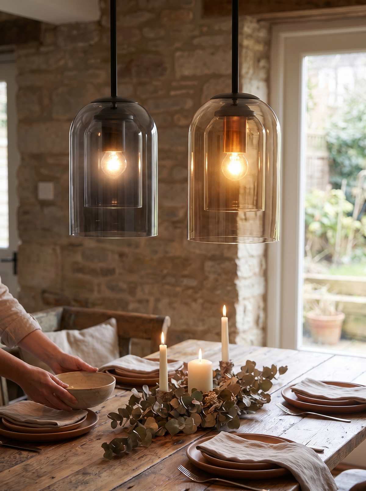 Coloured glass Nordic pendant showing the tint deepening in the curve