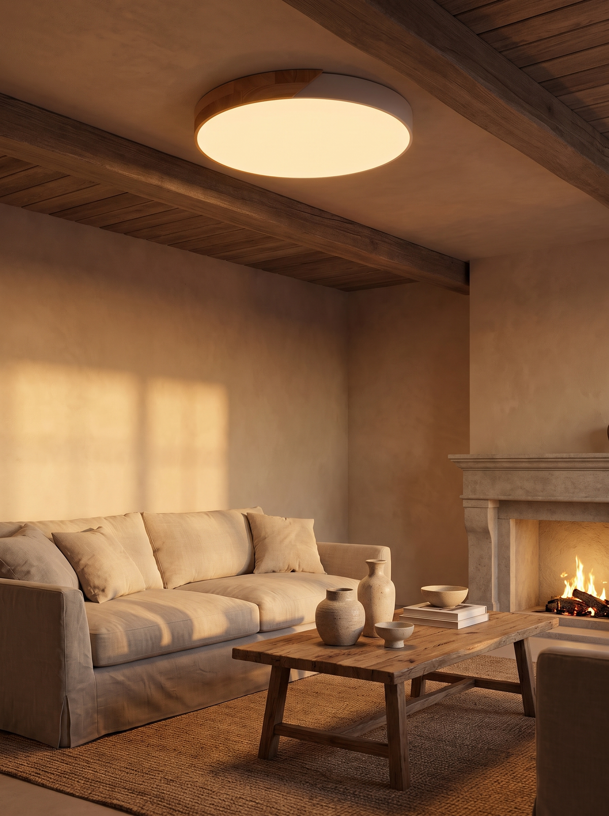 Nordic wood trim LED ceiling light fitted in a living room