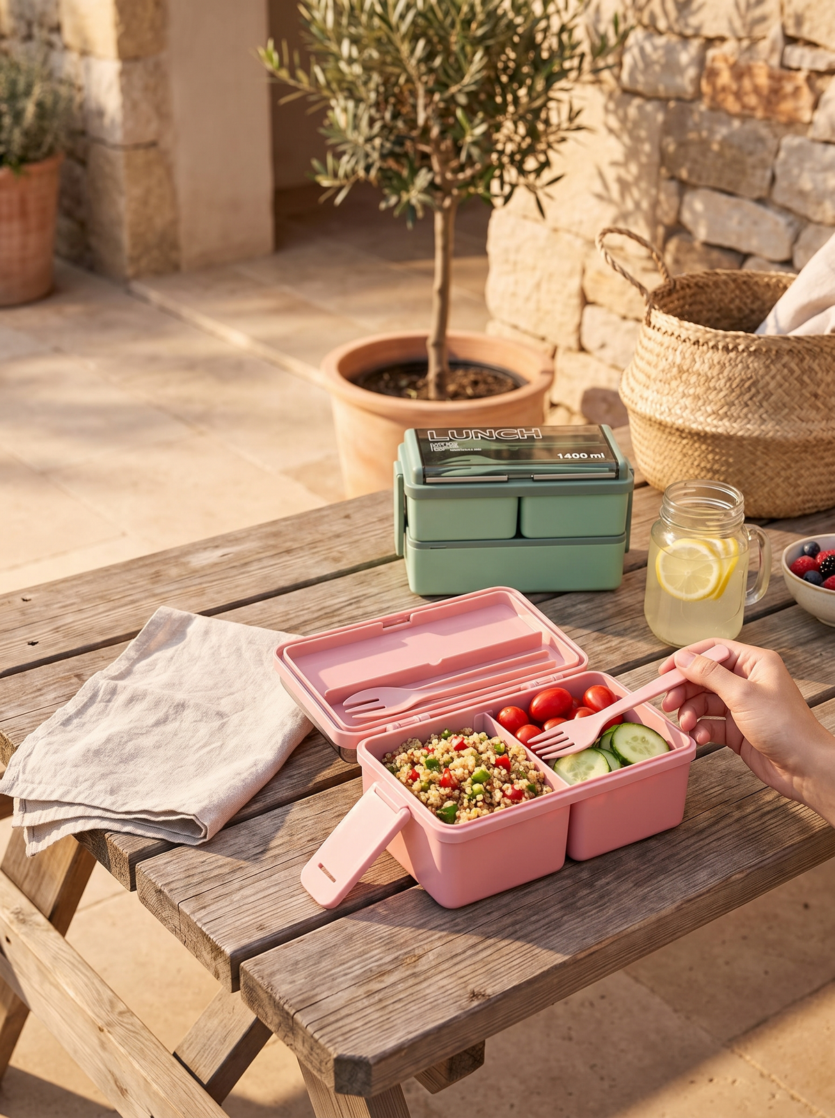 Double layer bento box packed and ready to leave the house