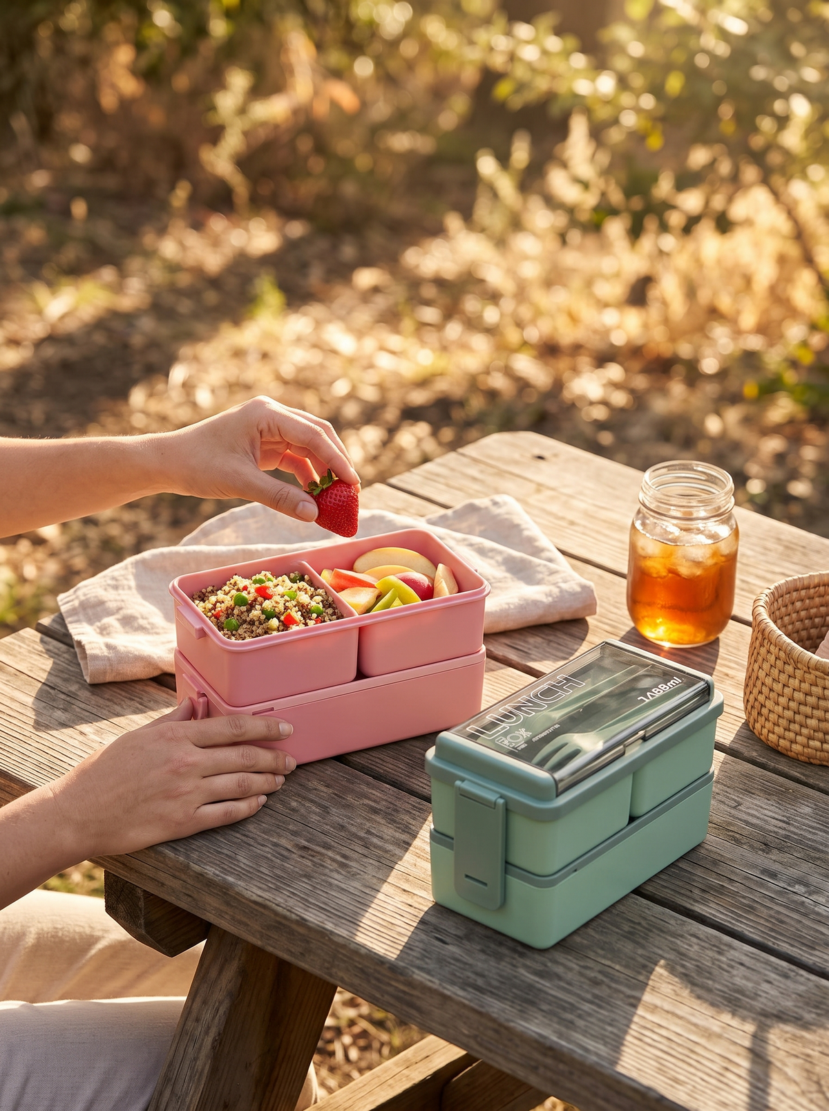 Double layer bento box keeping foods separate across two tiers