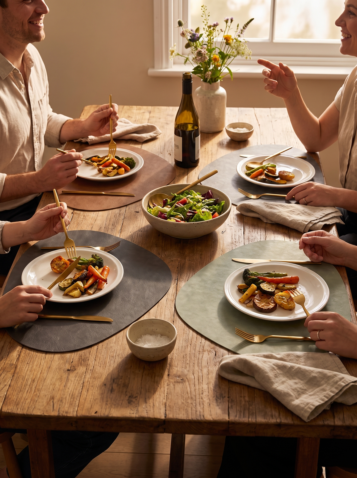 Faux leather placemat taking a hot serving plate at dinner