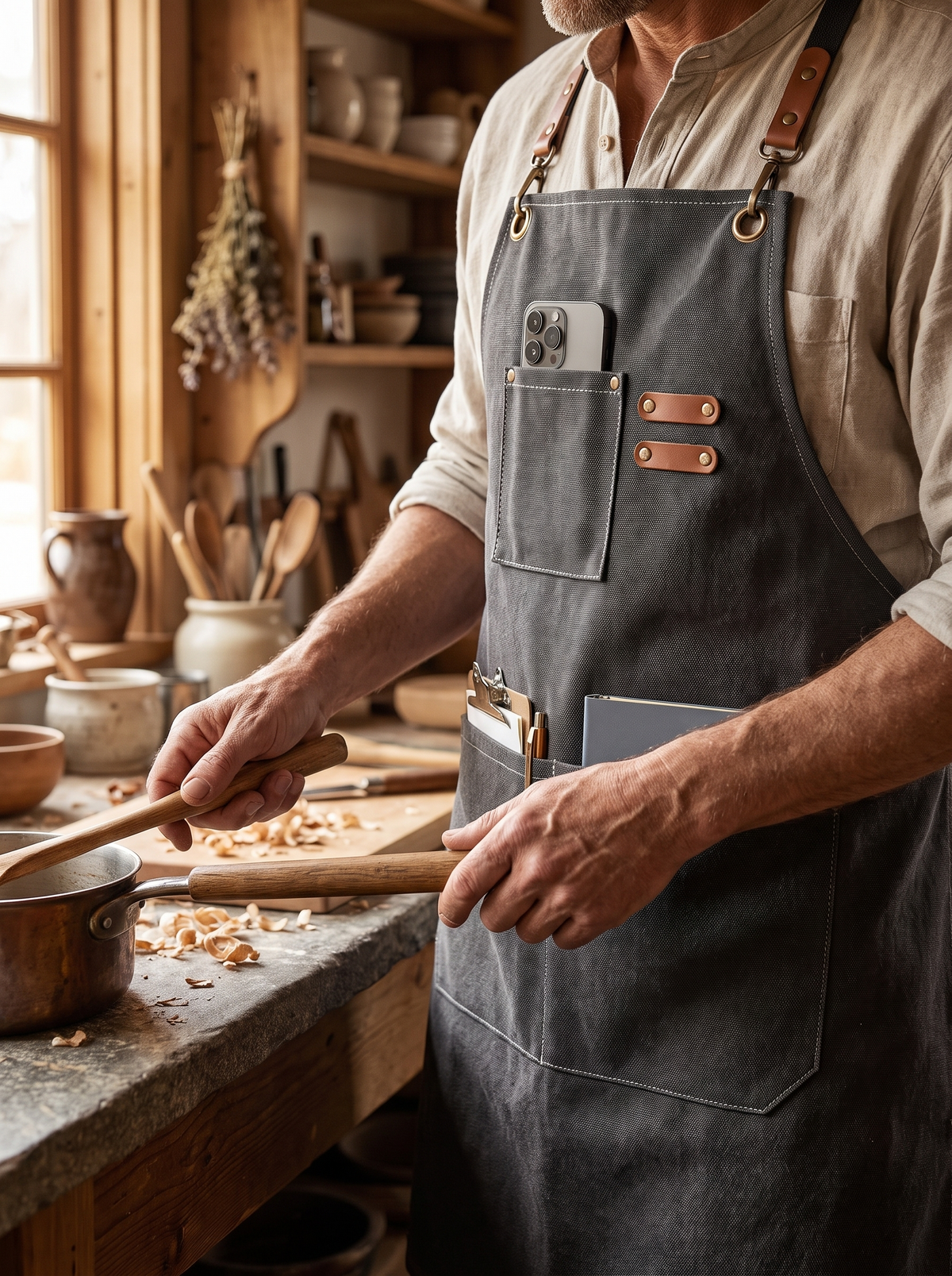 Heavy canvas kitchen apron worn at a busy work surface
