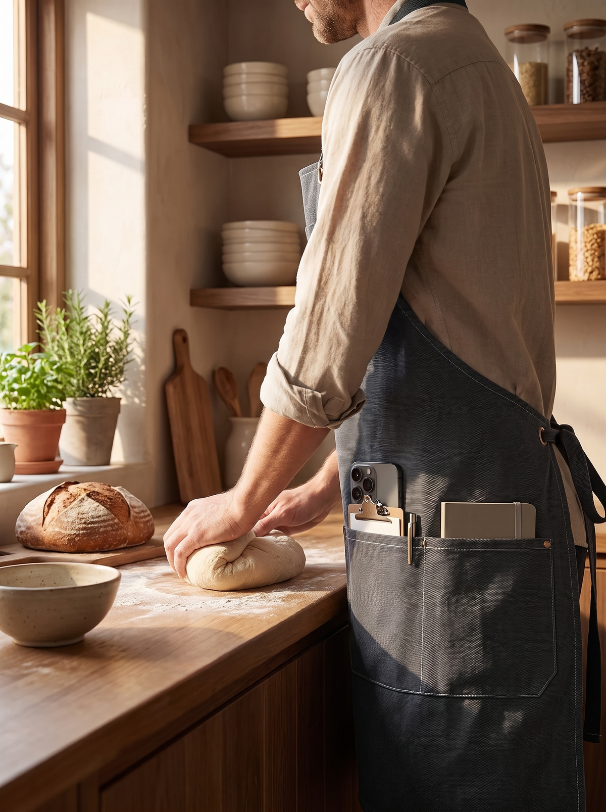 Canvas apron front pockets holding kitchen tools within reach
