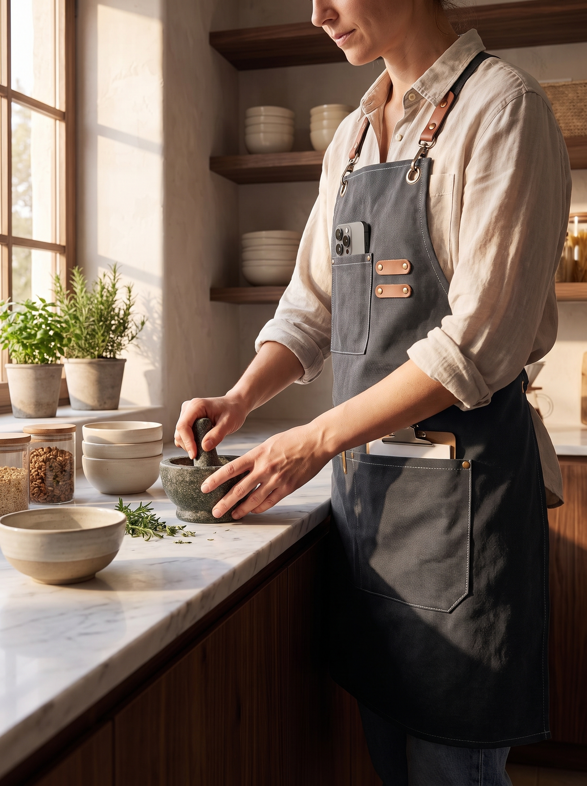 Adjustable canvas apron fitted to its wearer in a cafe kitchen