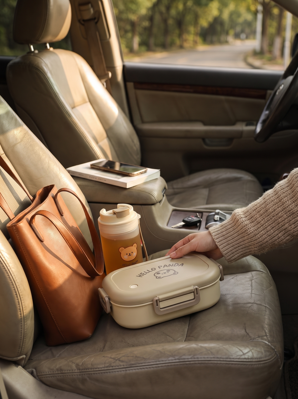 FreshMate bento box closed with side locks, packed for a commute