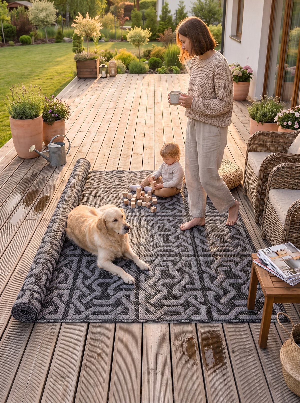 Rain drying from a polypropylene outdoor rug on a patio