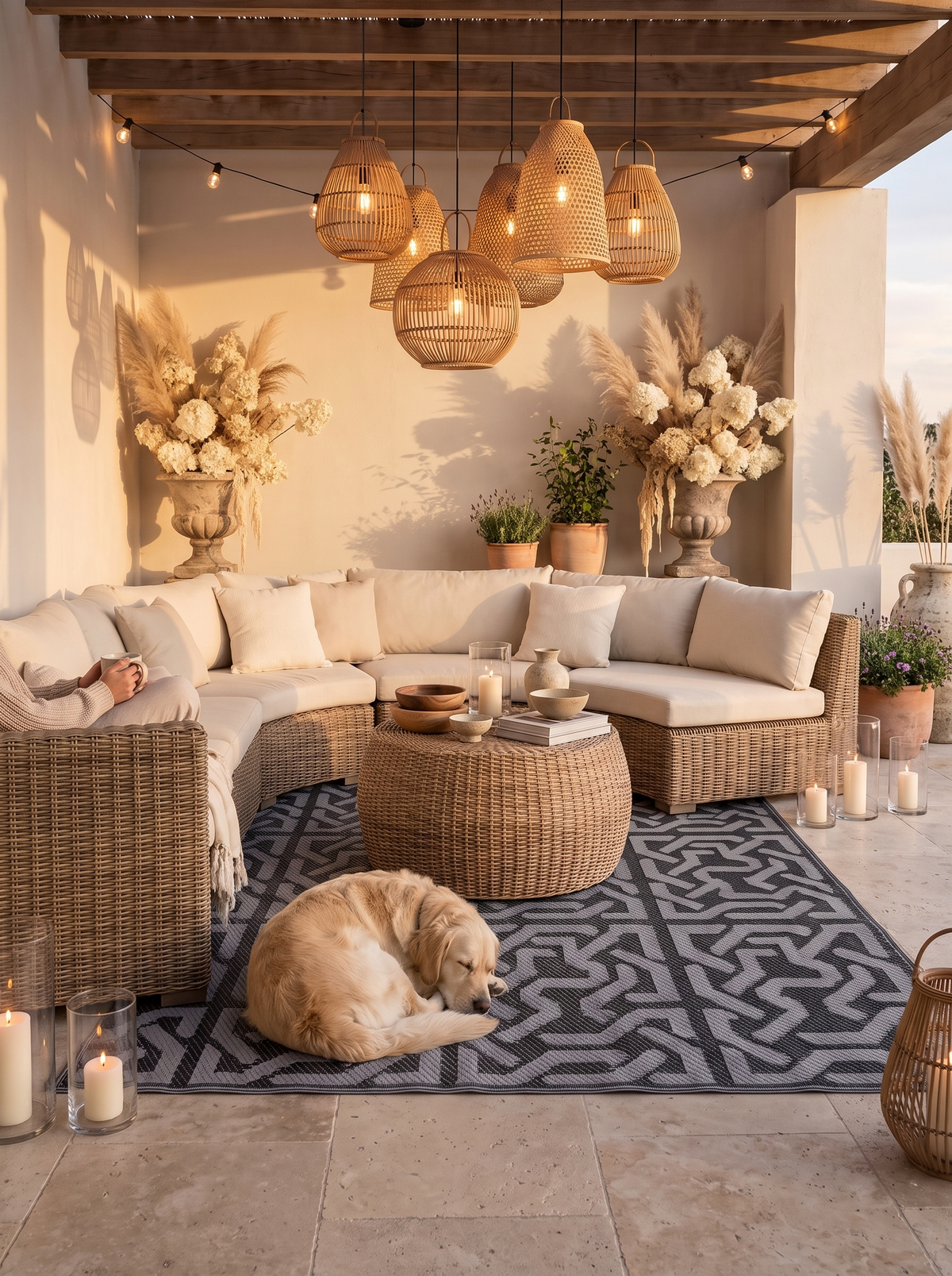 Black and grey outdoor rug marking out a patio seating area