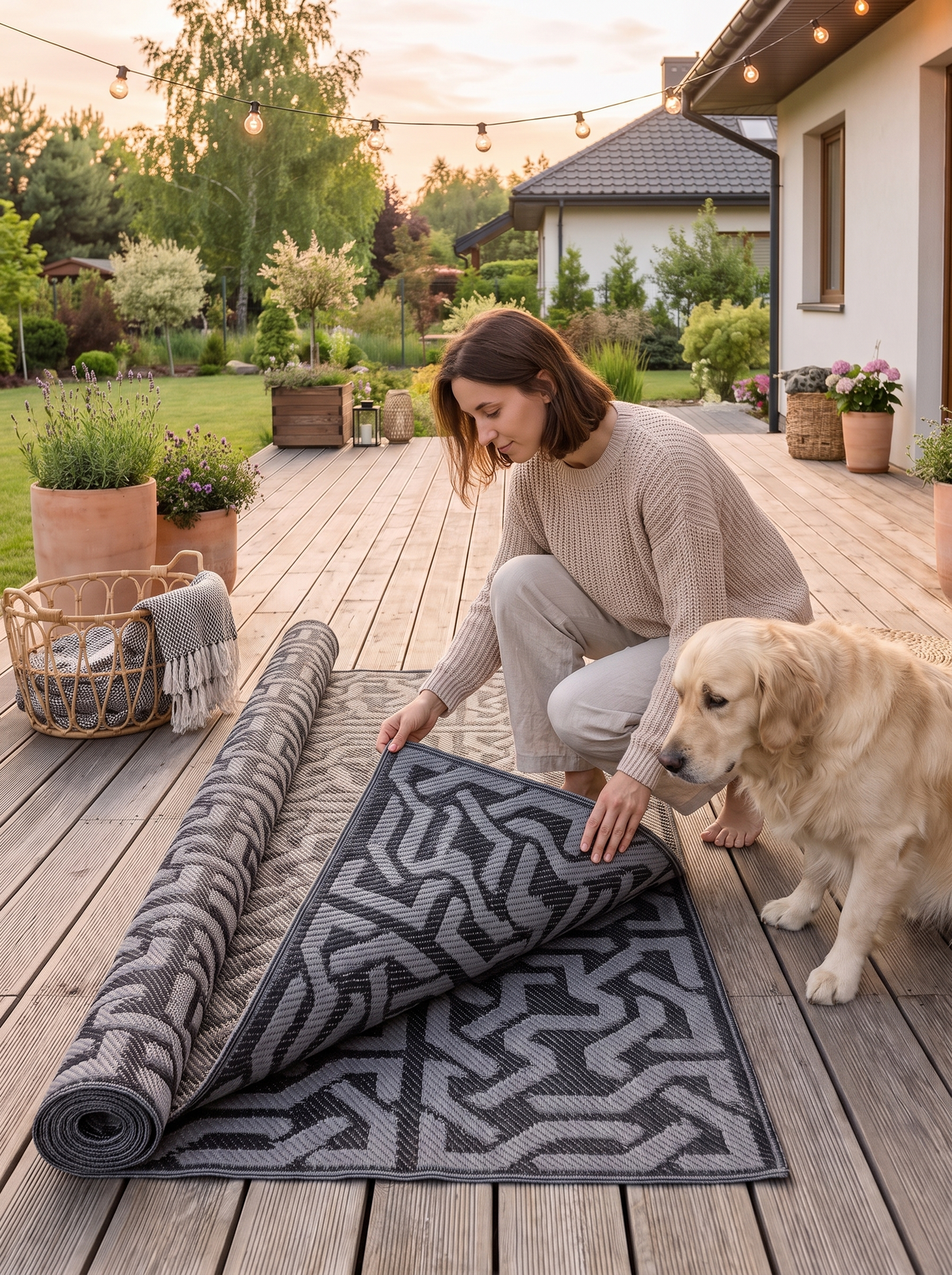 Reversible outdoor rug being flipped to show the pattern on both sides