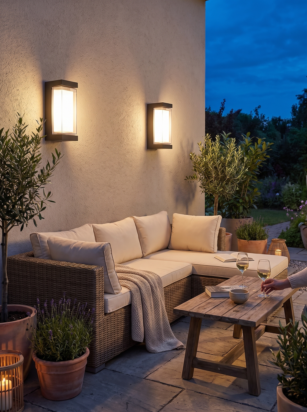 Round bodied outdoor sconce mounted on a cottage wall