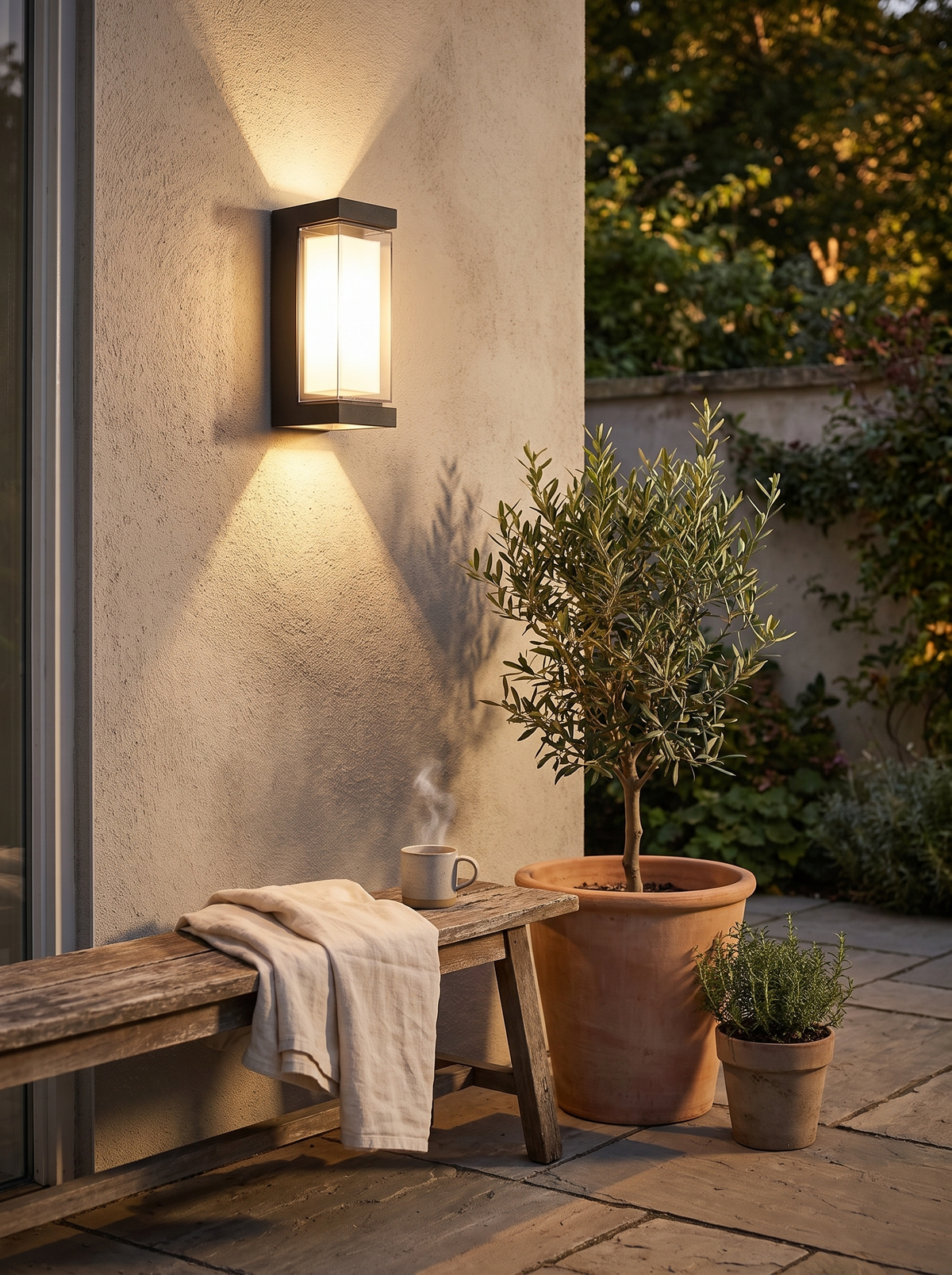 Up and down LED sconce throwing two cones of light on a wall