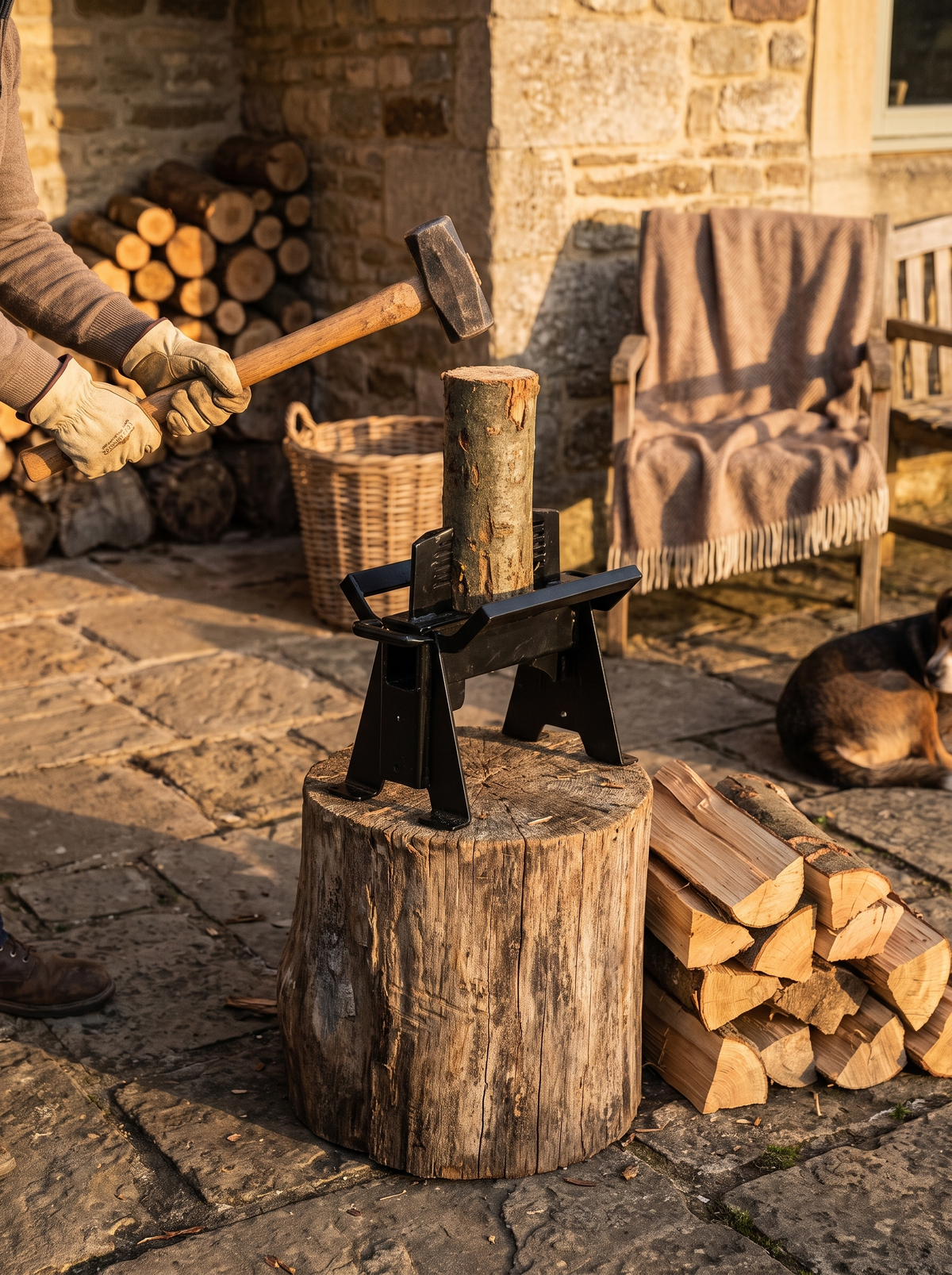 Log held inside the steel ring of the splitter with both hands clear
