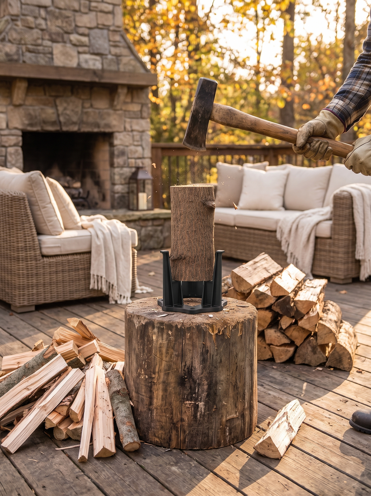 Carbon steel blade of the kindling splitter parting a seasoned log