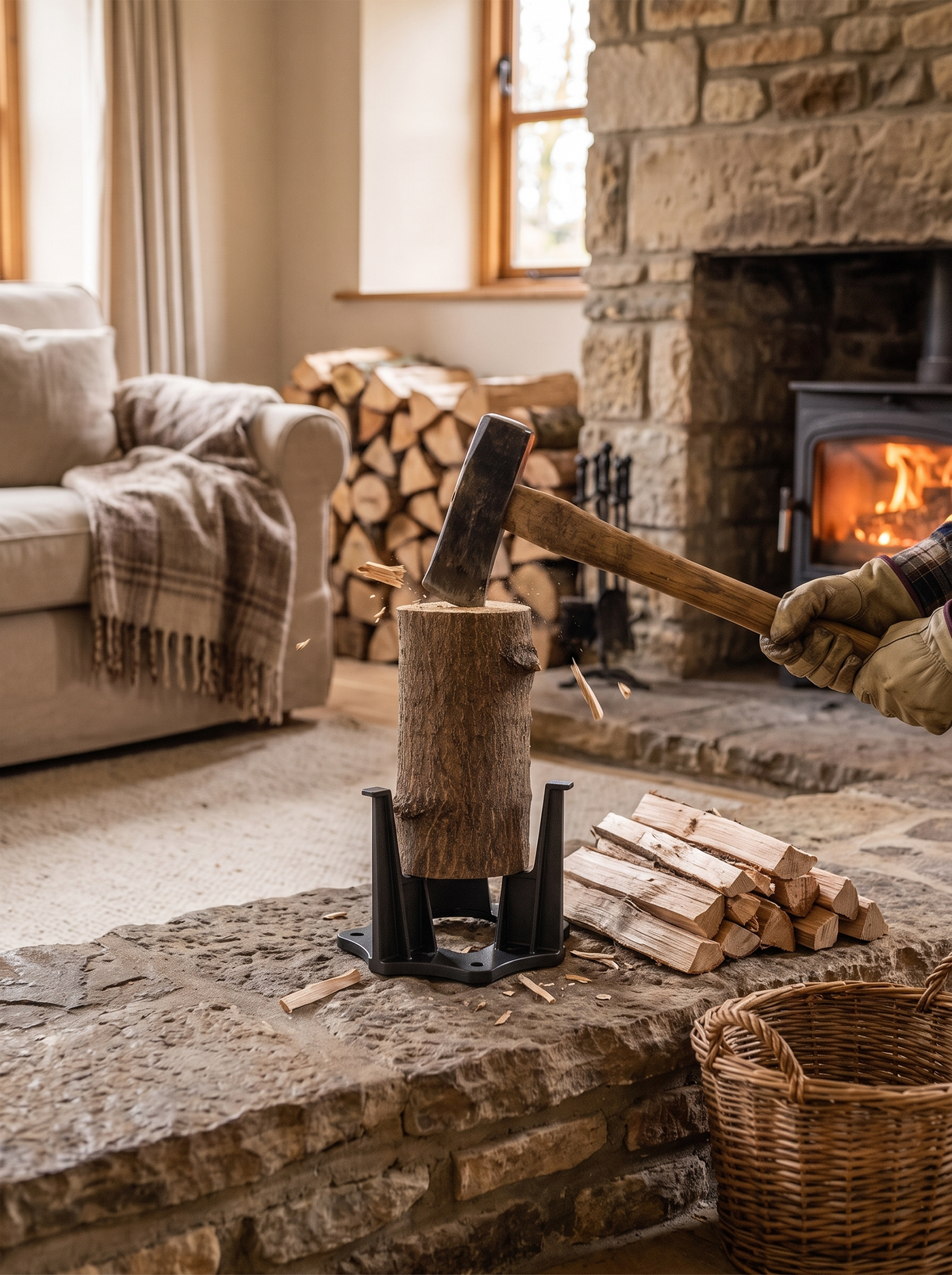 Split kindling stacked ready beside a wood burning stove