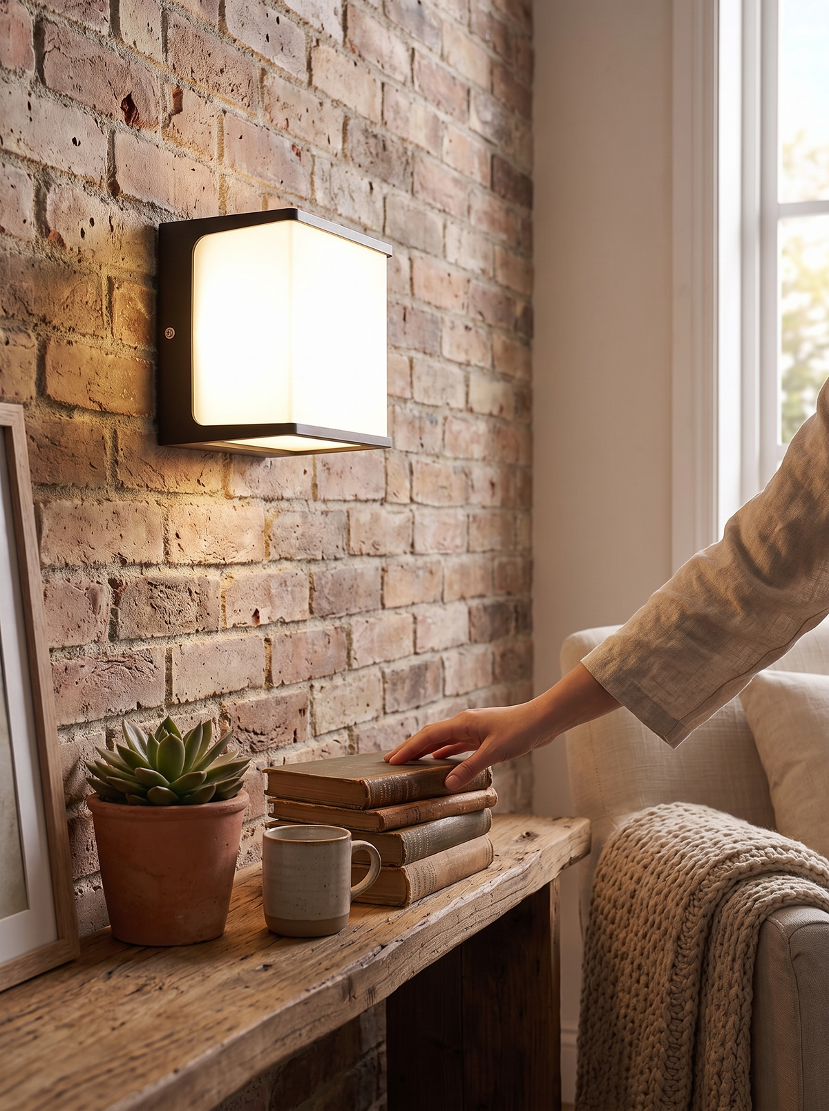 Warm white light from a cube wall fitting on brickwork at night