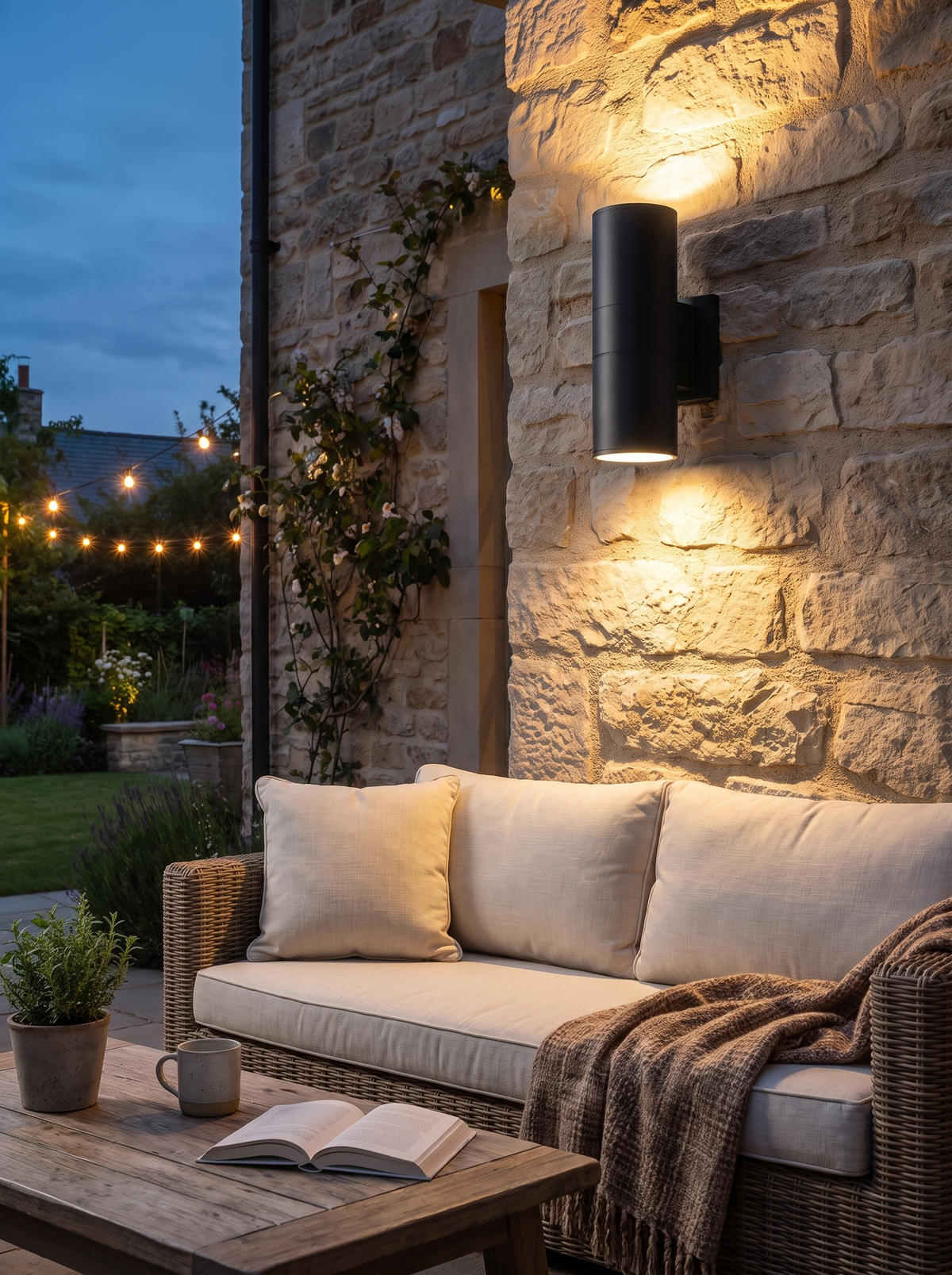 Grey finished up and down wall light against stone at dusk