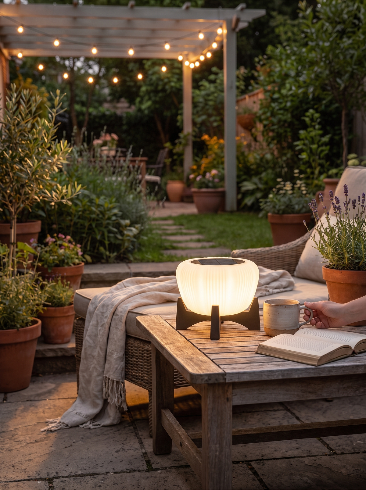 Low wide pool of light on decking from a solar landing light